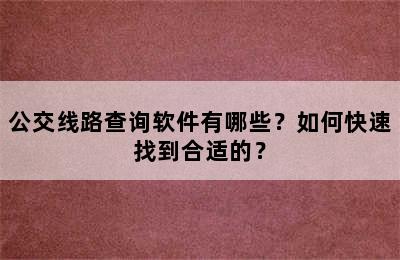 公交线路查询软件有哪些？如何快速找到合适的？