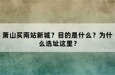 萧山买南站新城？目的是什么？为什么选址这里？